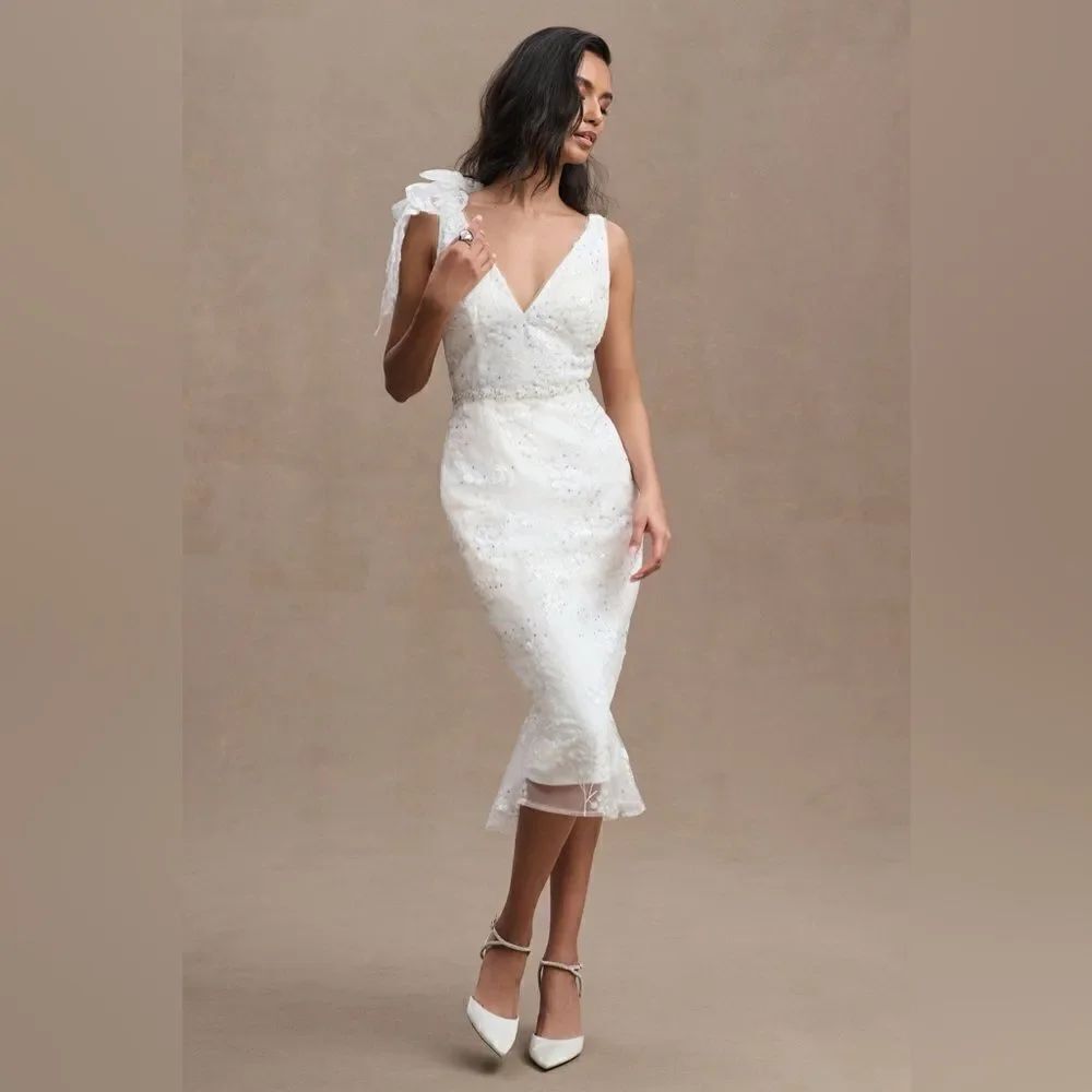 Mac Duggal 79337 Womens White FLORAL EMBELLISHED V-NECK MIDI DRESS SHOULDER BOW